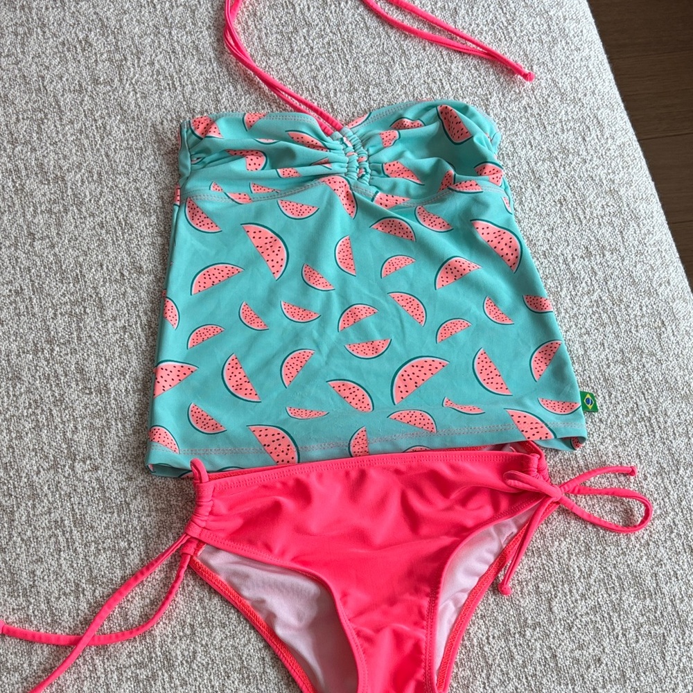 Girls Watermelon Print Tankini Set in Aqua & Pink 6-8